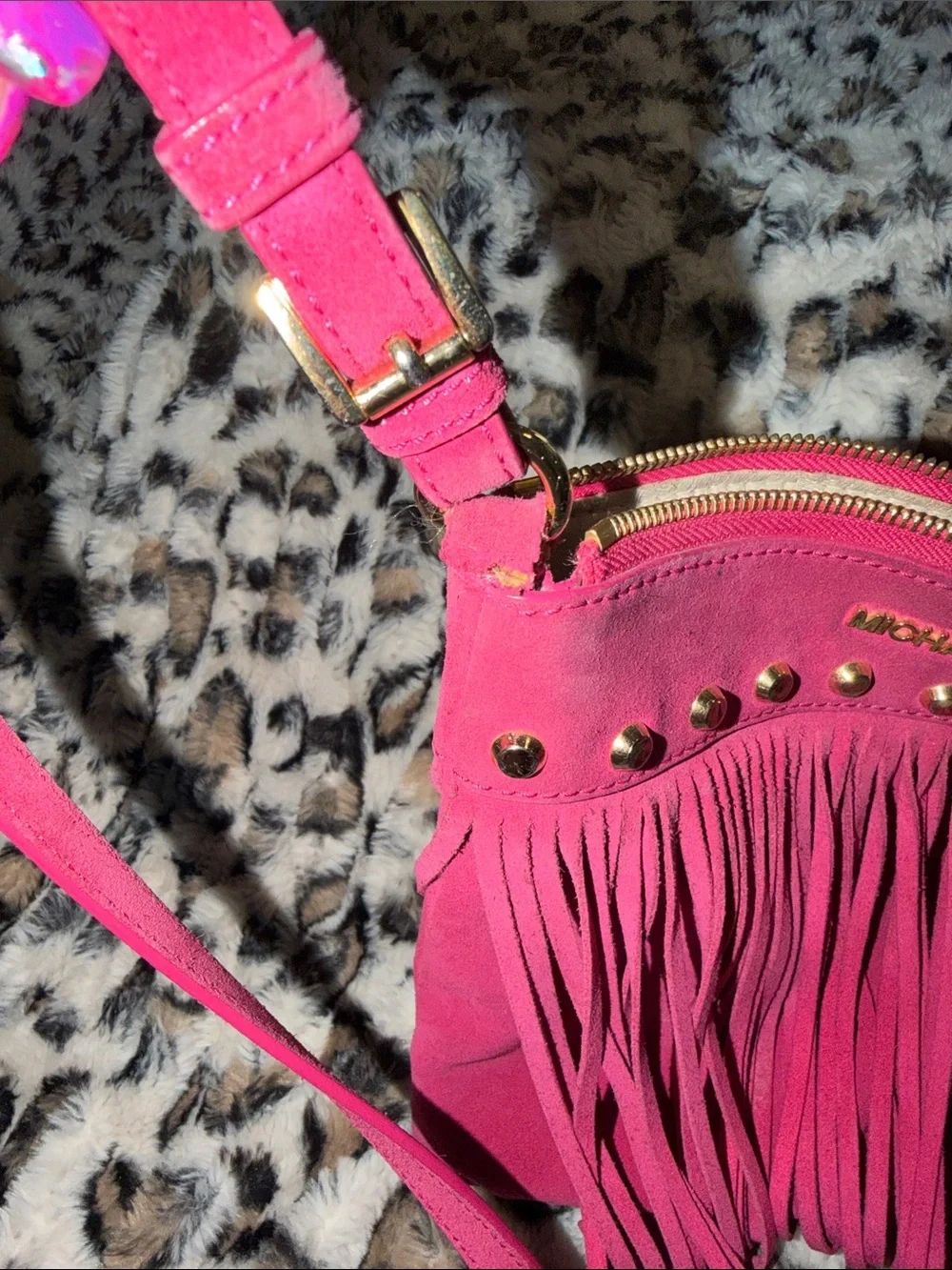 Michael Kors Hot Pink Suede Billy Fringe Crossbody with Gold Hardware